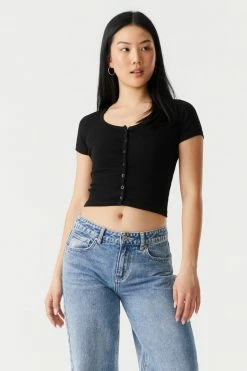 Stitches Ladies Ribbed Button-Up Front Crop Top Tops