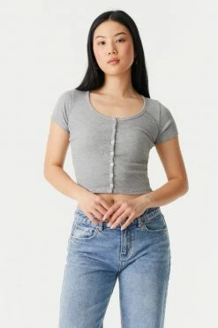 Stitches Ladies Ribbed Button-Up Front Crop Top Tops 31 Stitches Ladies Ribbed Button-Up Front Crop Top Tops