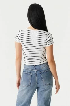 Stitches Ladies Ribbed Striped Button-Up Crop Top Tops