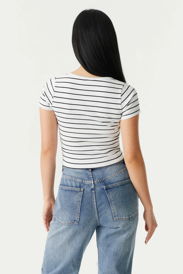 Stitches Ladies Ribbed Striped Button-Up Crop Top Tops 2 Stitches Ladies Ribbed Striped Button-Up Crop Top Tops