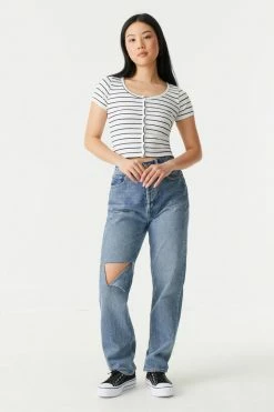 Stitches Ladies Ribbed Striped Button-Up Crop Top Tops 5 Stitches Ladies Ribbed Striped Button-Up Crop Top Tops