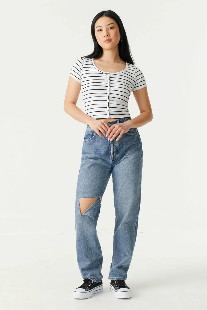 Stitches Ladies Ribbed Striped Button-Up Crop Top Tops 3 Stitches Ladies Ribbed Striped Button-Up Crop Top Tops