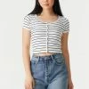 Stitches Ladies Ribbed Striped Button-Up Crop Top Tops