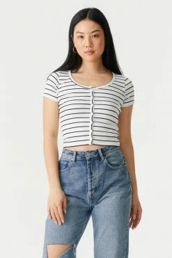 Stitches Ladies Ribbed Striped Button-Up Crop Top Tops