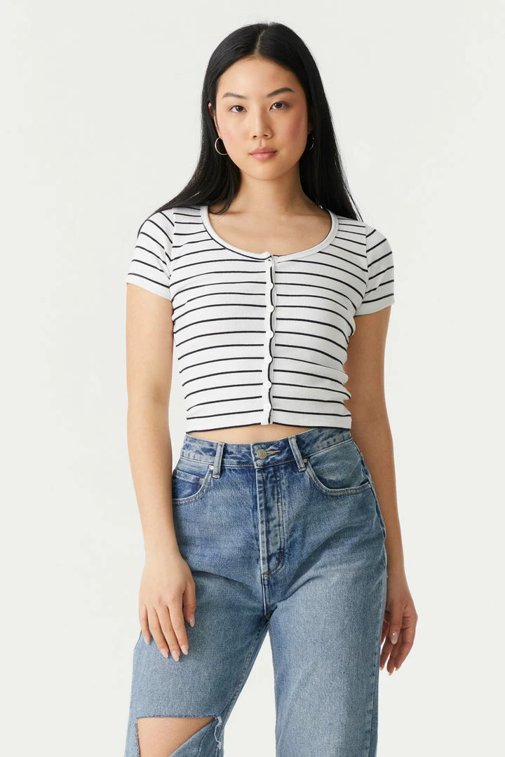 Stitches Ladies Ribbed Striped Button-Up Crop Top Tops 1 Stitches Ladies Ribbed Striped Button-Up Crop Top Tops