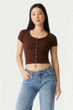 Stitches Ladies Ribbed Button-Up Front Crop Top Tops