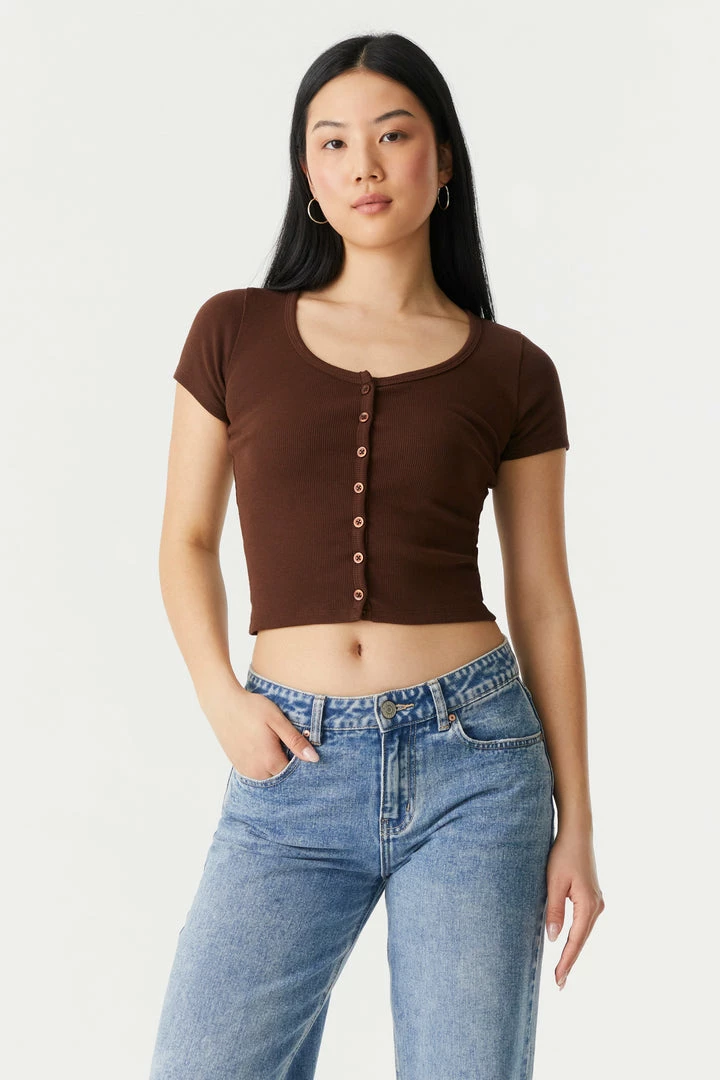 Stitches Ladies Ribbed Button-Up Front Crop Top Tops 1 Stitches Ladies Ribbed Button-Up Front Crop Top Tops