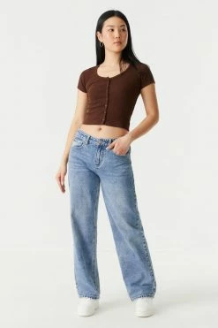 Stitches Ladies Ribbed Button-Up Front Crop Top Tops 38 Stitches Ladies Ribbed Button-Up Front Crop Top Tops