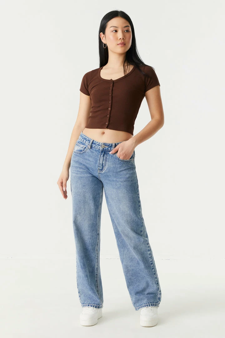 Stitches Ladies Ribbed Button-Up Front Crop Top Tops 12 Stitches Ladies Ribbed Button-Up Front Crop Top Tops