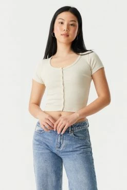 Stitches Ladies Ribbed Button-Up Front Crop Top Tops 39 Stitches Ladies Ribbed Button-Up Front Crop Top Tops