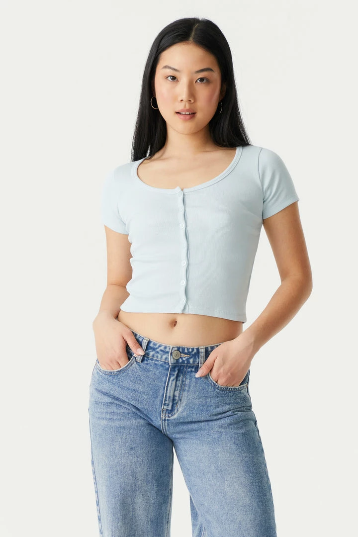 Stitches Ladies Ribbed Button-Up Front Crop Top Tops 16 Stitches Ladies Ribbed Button-Up Front Crop Top Tops