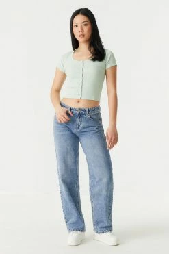 Stitches Ladies Ribbed Button-Up Front Crop Top Tops 47 Stitches Ladies Ribbed Button-Up Front Crop Top Tops