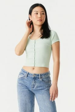 Stitches Ladies Ribbed Button-Up Front Crop Top Tops 45 Stitches Ladies Ribbed Button-Up Front Crop Top Tops