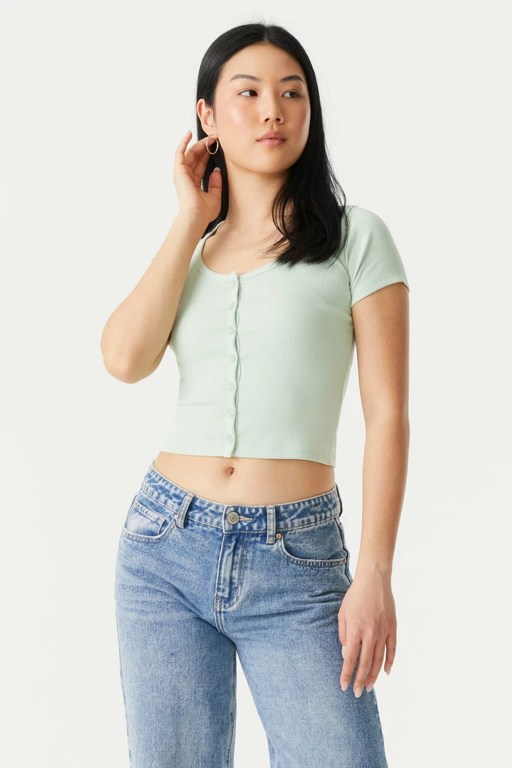 Stitches Ladies Ribbed Button-Up Front Crop Top Tops 19 Stitches Ladies Ribbed Button-Up Front Crop Top Tops