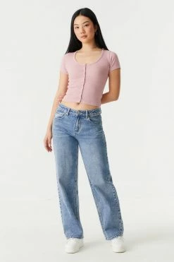 Stitches Ladies Ribbed Button-Up Front Crop Top Tops 50 Stitches Ladies Ribbed Button-Up Front Crop Top Tops
