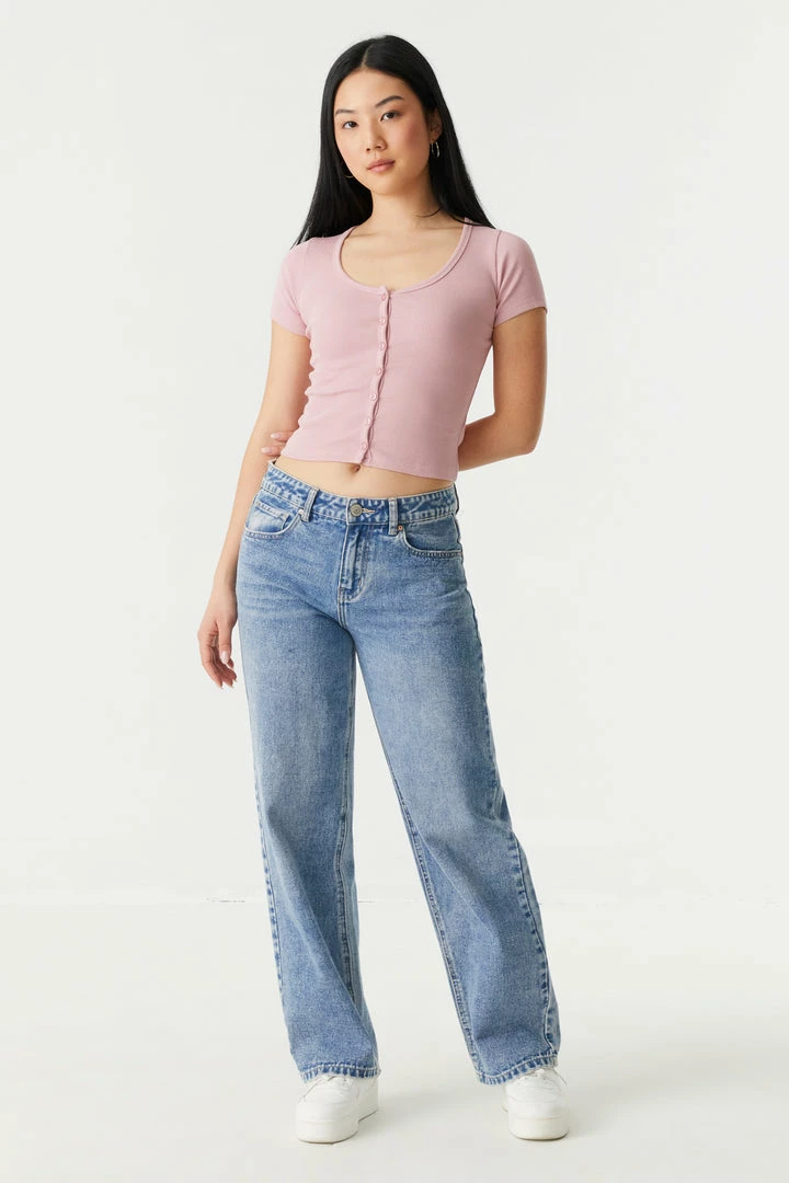 Stitches Ladies Ribbed Button-Up Front Crop Top Tops 24 Stitches Ladies Ribbed Button-Up Front Crop Top Tops