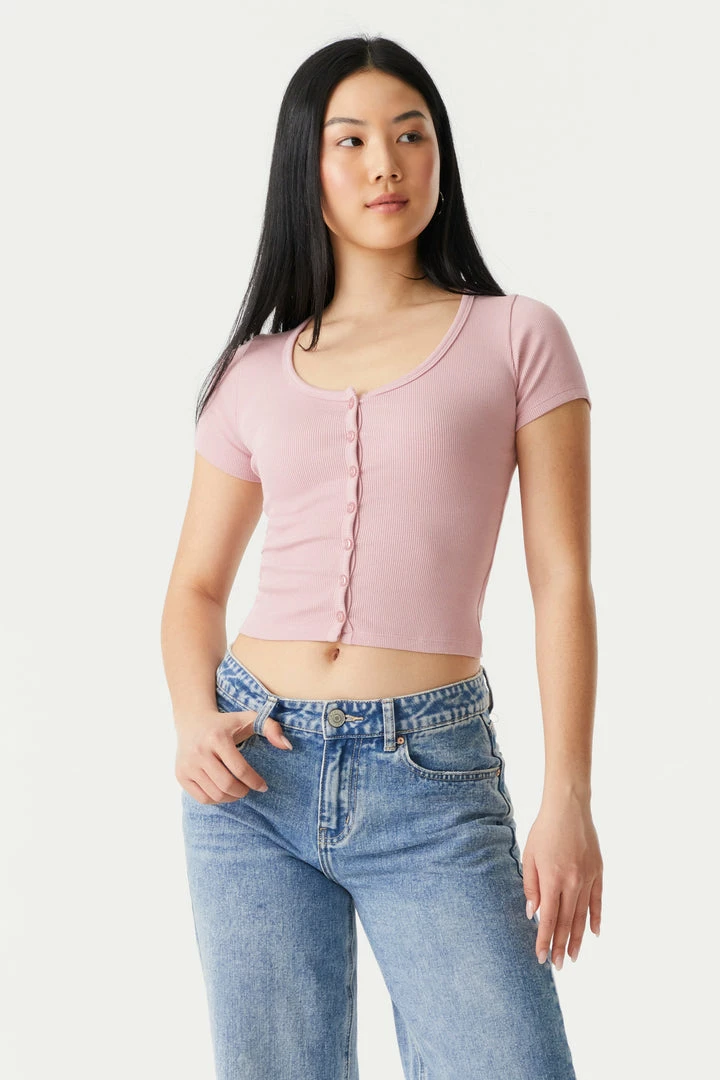 Stitches Ladies Ribbed Button-Up Front Crop Top Tops 22 Stitches Ladies Ribbed Button-Up Front Crop Top Tops
