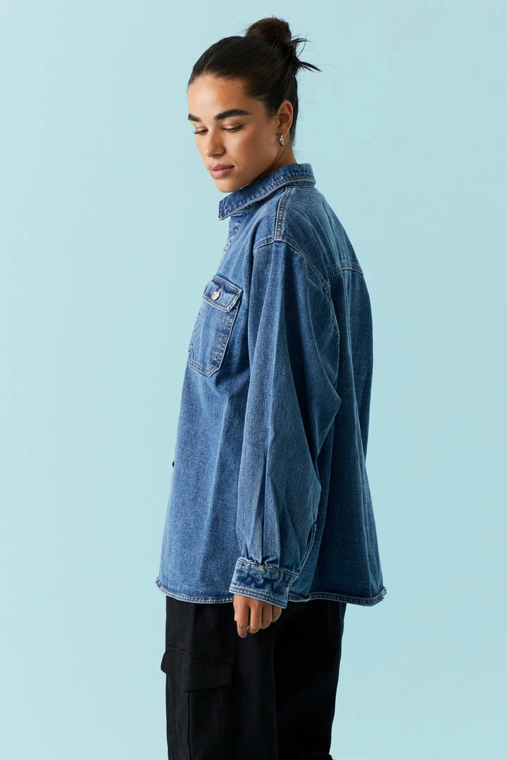 Stitches Ladies Denim Jackets Medium Wash Denim Shacket 2 Stitches Ladies Denim Jackets Medium Wash Denim Shacket