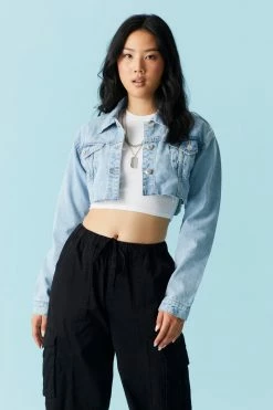 Stitches Ladies Light Wash Raw Hem Crop Denim Jacket