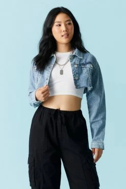 Stitches Ladies Medium Wash Raw Hem Crop Denim Jacket Jackets + Coats