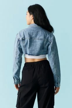 Stitches Ladies Medium Wash Raw Hem Crop Denim Jacket Jackets + Coats