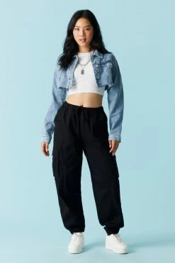 Stitches Ladies Medium Wash Raw Hem Crop Denim Jacket Jackets + Coats