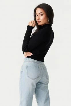 Stitches Ladies Sweaters Ribbed Mock Neck Long Sleeve Crop Top