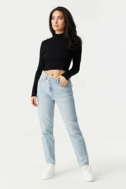 Stitches Ladies Sweaters Ribbed Mock Neck Long Sleeve Crop Top