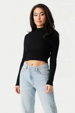 Stitches Ladies Sweaters Ribbed Mock Neck Long Sleeve Crop Top