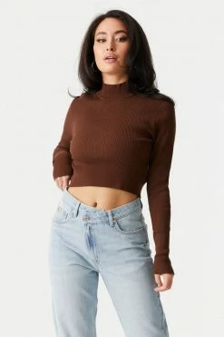 Stitches Ladies Sweaters Ribbed Mock Neck Long Sleeve Crop Top