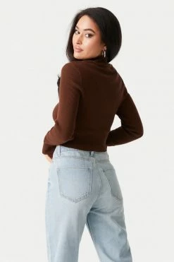 Stitches Ladies Sweaters Ribbed Mock Neck Long Sleeve Crop Top