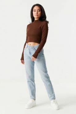 Stitches Ladies Sweaters Ribbed Mock Neck Long Sleeve Crop Top