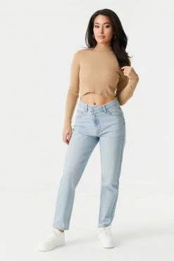 Stitches Ladies Sweaters Ribbed Mock Neck Long Sleeve Crop Top