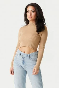 Stitches Ladies Sweaters Ribbed Mock Neck Long Sleeve Crop Top