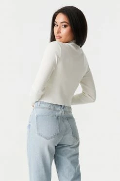 Stitches Ladies Sweaters Ribbed Mock Neck Long Sleeve Crop Top