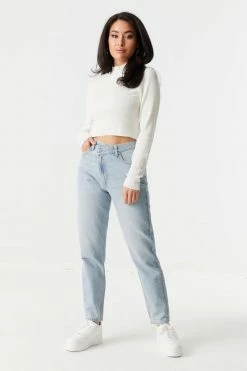 Stitches Ladies Sweaters Ribbed Mock Neck Long Sleeve Crop Top