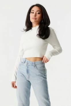 Stitches Ladies Sweaters Ribbed Mock Neck Long Sleeve Crop Top