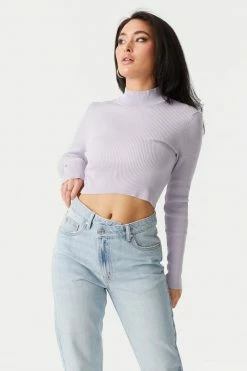 Stitches Ladies Sweaters Ribbed Mock Neck Long Sleeve Crop Top
