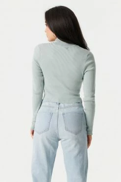 Stitches Ladies Sweaters Ribbed Mock Neck Long Sleeve Crop Top