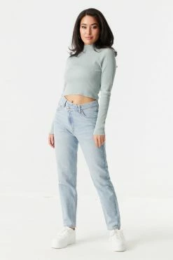 Stitches Ladies Sweaters Ribbed Mock Neck Long Sleeve Crop Top