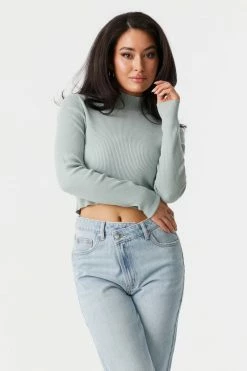 Stitches Ladies Sweaters Ribbed Mock Neck Long Sleeve Crop Top