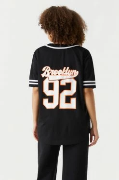 Stitches Ladies Brooklyn Graphic Button-Up Front Baseball Jersey Tops