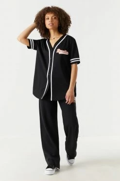 Stitches Ladies Brooklyn Graphic Button-Up Front Baseball Jersey Tops 5 Stitches Ladies Brooklyn Graphic Button-Up Front Baseball Jersey Tops