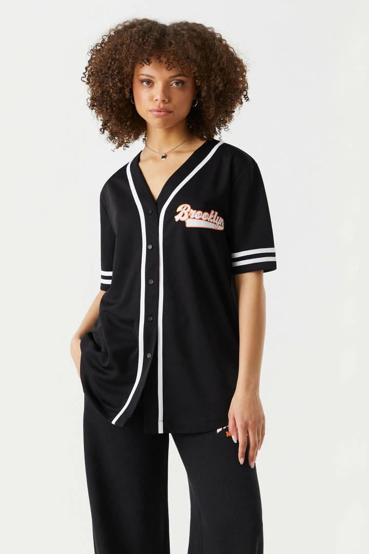 Stitches Ladies Brooklyn Graphic Button-Up Front Baseball Jersey Tops 1 Stitches Ladies Brooklyn Graphic Button-Up Front Baseball Jersey Tops
