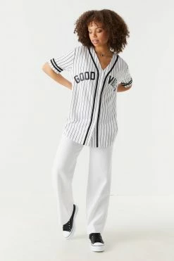 Stitches Ladies Good Vibes Graphic Button-Up Front Baseball Jersey Tops