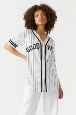 Stitches Ladies Good Vibes Graphic Button-Up Front Baseball Jersey Tops