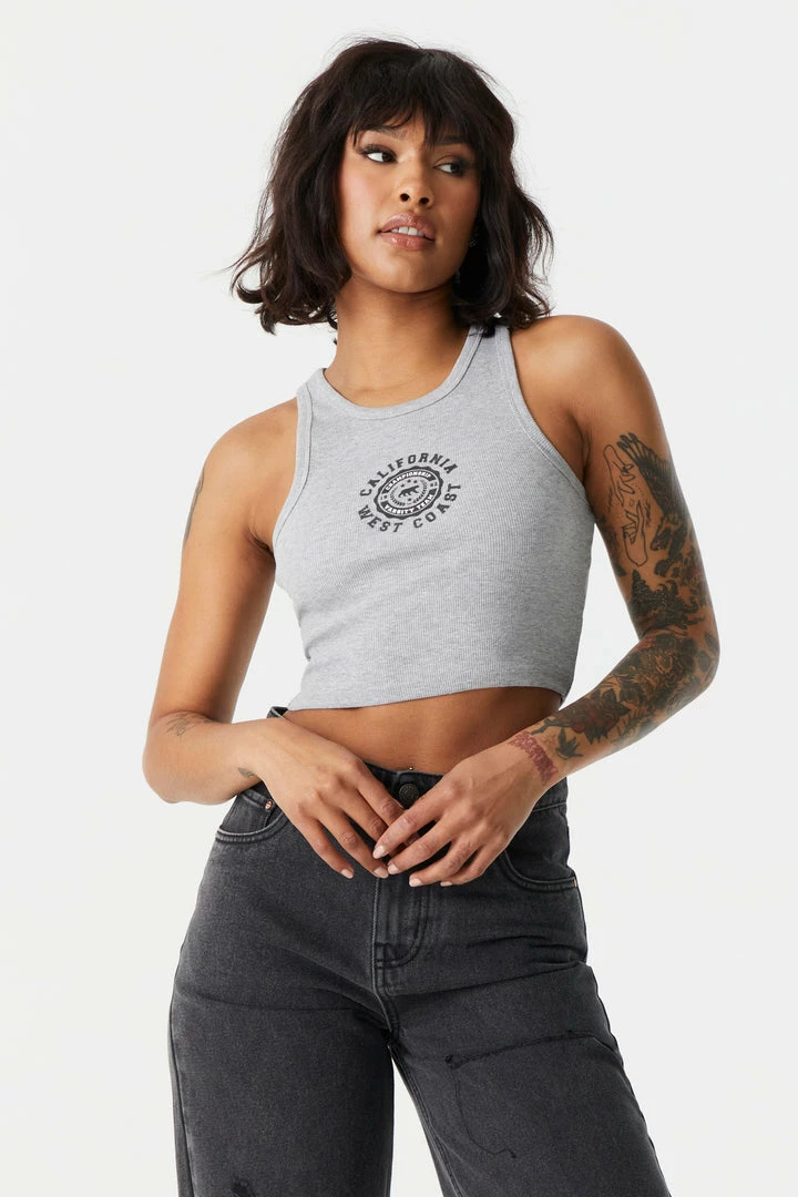 Stitches Ladies Tops Ribbed West Coast Graphic Cropped Tank Top 1 Stitches Ladies Tops Ribbed West Coast Graphic Cropped Tank Top