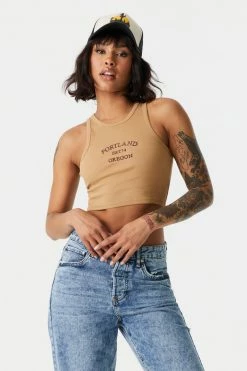 Stitches Ladies Ribbed Portland Graphic Cropped Tank Top