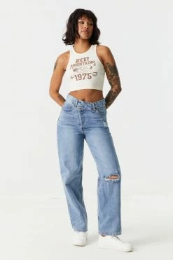 Stitches Ladies Ribbed Rocky Mountains Graphic Cropped Tank Top Tops