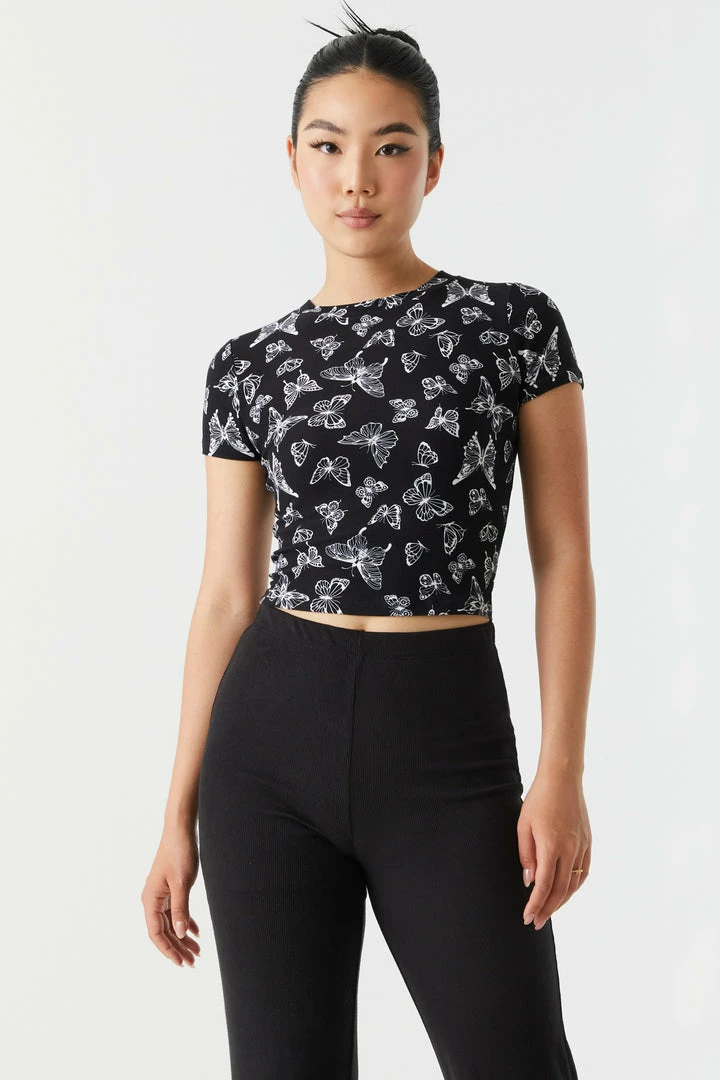 Stitches Ladies Soft Butterfly Print Cropped T-Shirt 1 Stitches Ladies Soft Butterfly Print Cropped T-Shirt
